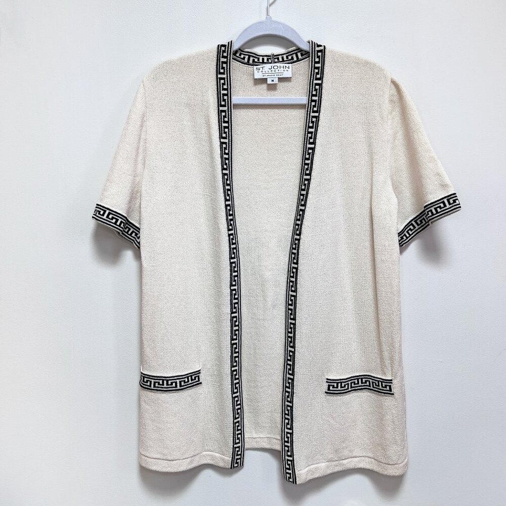 St. John Collection Short Sleeve Knit Cardigan w/ Black Greek Pattern Trim, Sz M